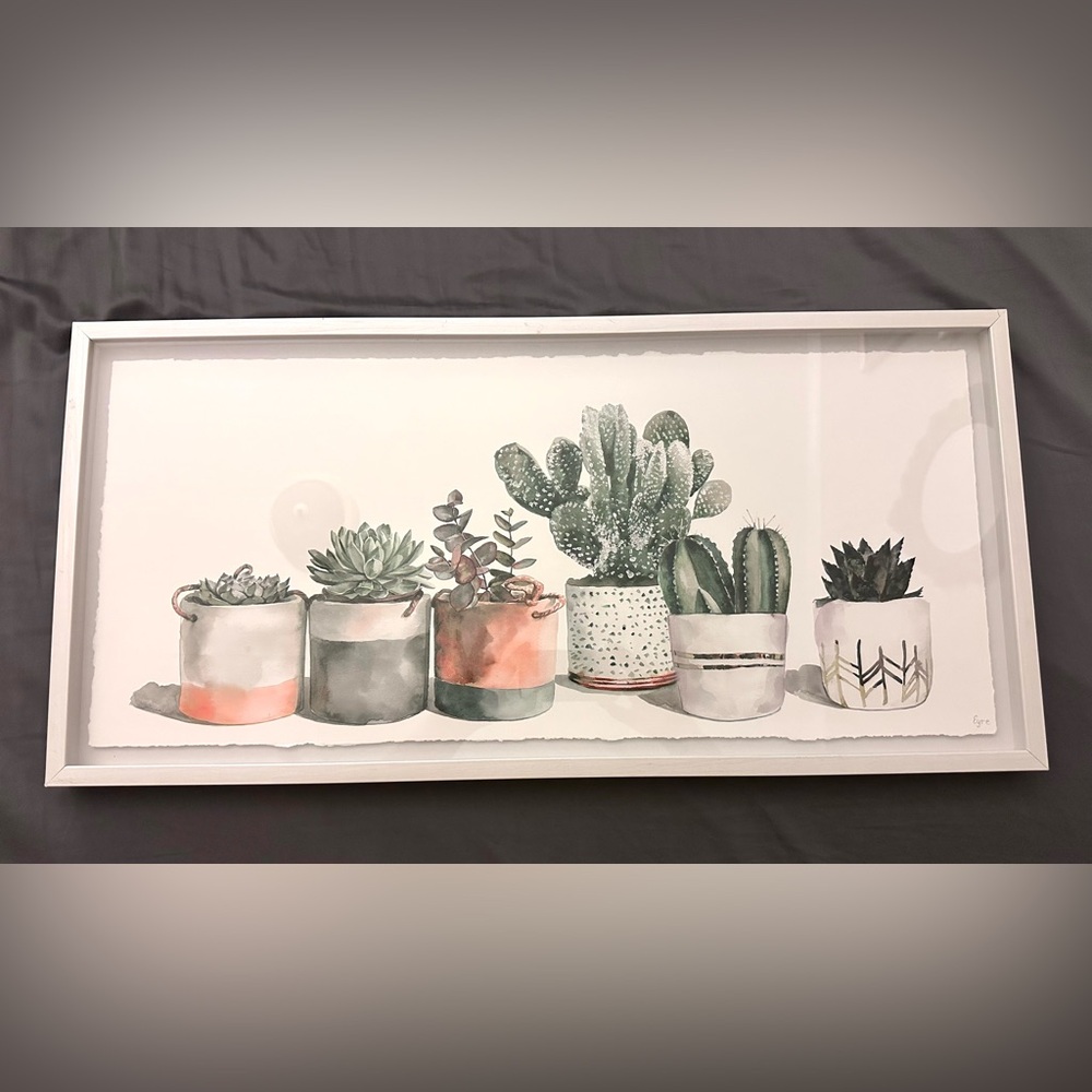 Framed Succulent Watercolor Wall Art - Neutral Earth Tones - Signed